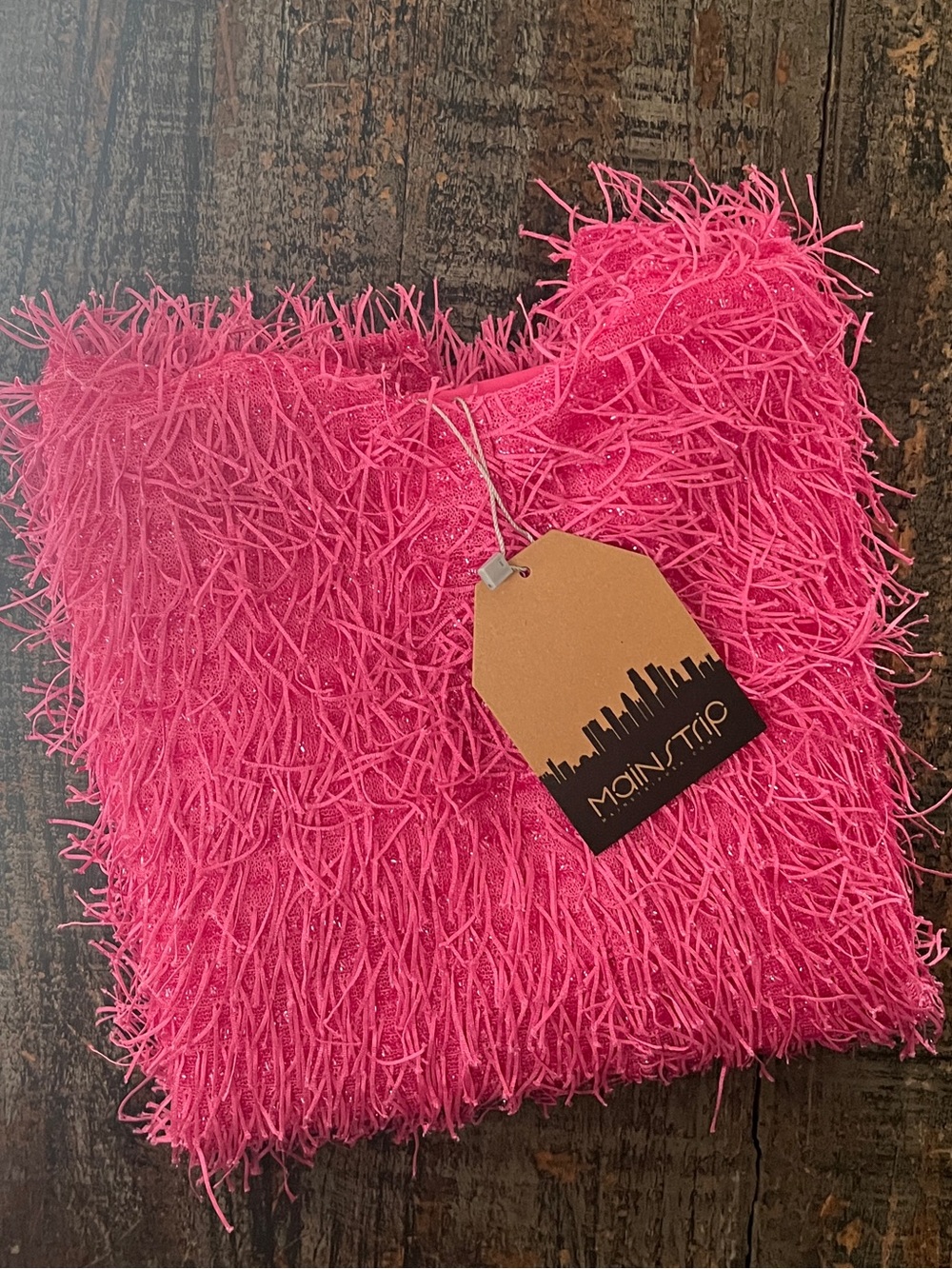 🟠NWT MAIN STRIP Feather-Textured Spaghetti Strap Mini Dress in Barbie Pink - Picture 7 of 7